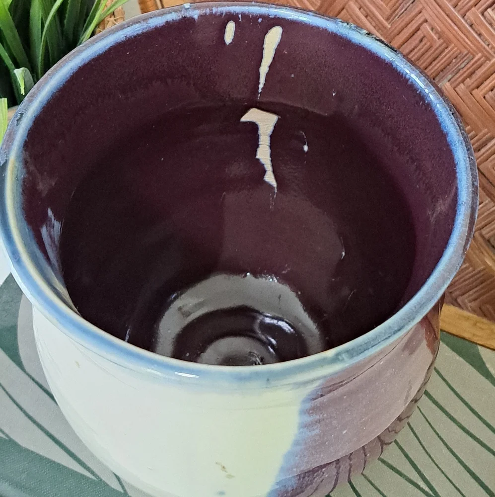 Student Studio Art Pottery Vase w/Face Signed by Artist DMG Purple Drip Glaze